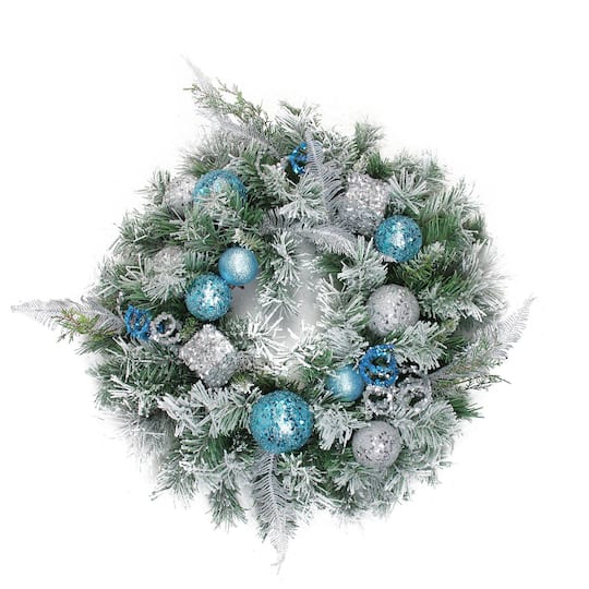 24&#x22; Blue &#x26; Silver Sequin Ornaments Artificial Flocked Pine Wreath
